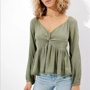 American Eagle Green Babydoll Long Sleeve Peasant Blouse